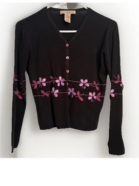 Black Cardigan with Pink Purple Floral Beaded Embroidery Vintage Y2K Small